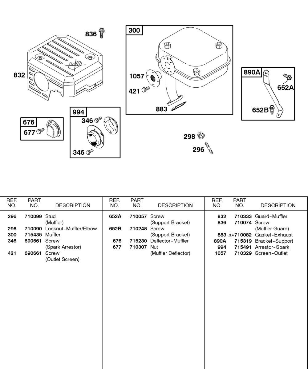 Exhaust System Diagram and Parts List for 115432-0135-XX  Briggs and Stratton Engine